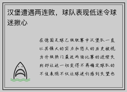 汉堡遭遇两连败，球队表现低迷令球迷揪心