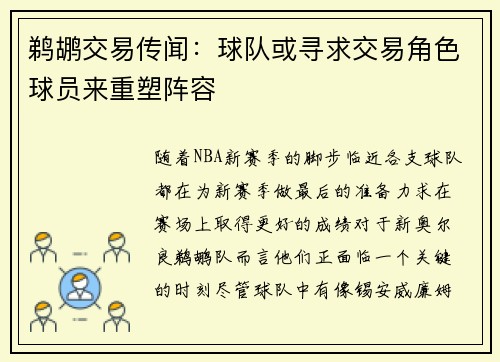 鹈鹕交易传闻：球队或寻求交易角色球员来重塑阵容
