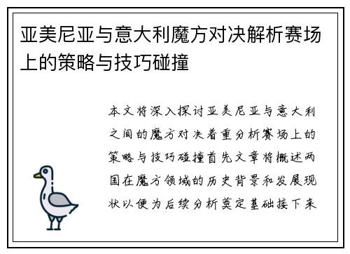 亚美尼亚与意大利魔方对决解析赛场上的策略与技巧碰撞