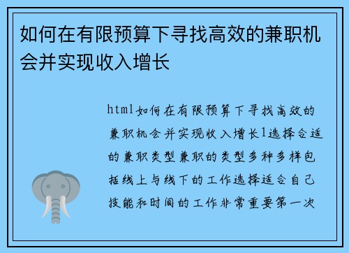 如何在有限预算下寻找高效的兼职机会并实现收入增长