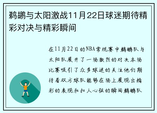 鹈鹕与太阳激战11月22日球迷期待精彩对决与精彩瞬间