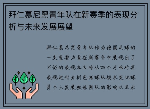 拜仁慕尼黑青年队在新赛季的表现分析与未来发展展望