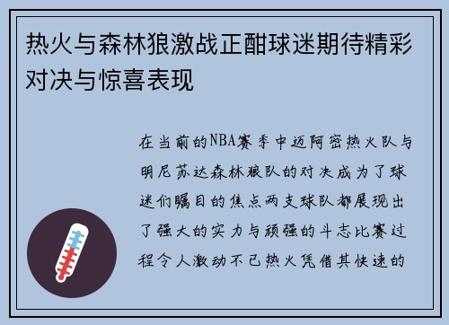 热火与森林狼激战正酣球迷期待精彩对决与惊喜表现