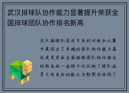 武汉排球队协作能力显著提升荣获全国排球团队协作排名新高