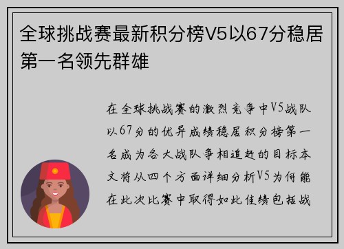 全球挑战赛最新积分榜V5以67分稳居第一名领先群雄